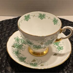 Vintage 1940 Tuscan White & Green Teacup & Saucer Green Ivy and Gold Trim